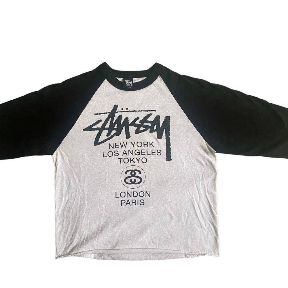 Stussy Worldwide Tour Baseball Tee Black and White - Size Small